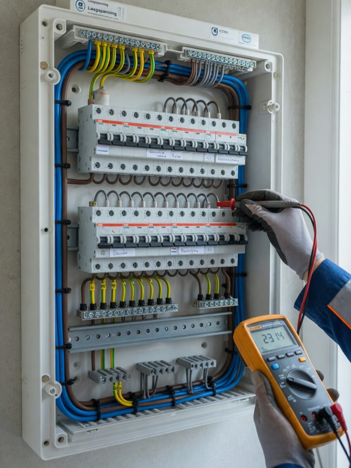 Monteur meet een groepenkast met nette bedrading door met een multimeter