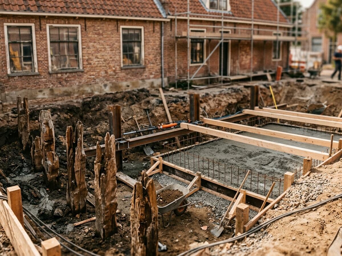 Funderingsherstel met schroefpalen en stalen vijzels in een uitgegraven sleuf