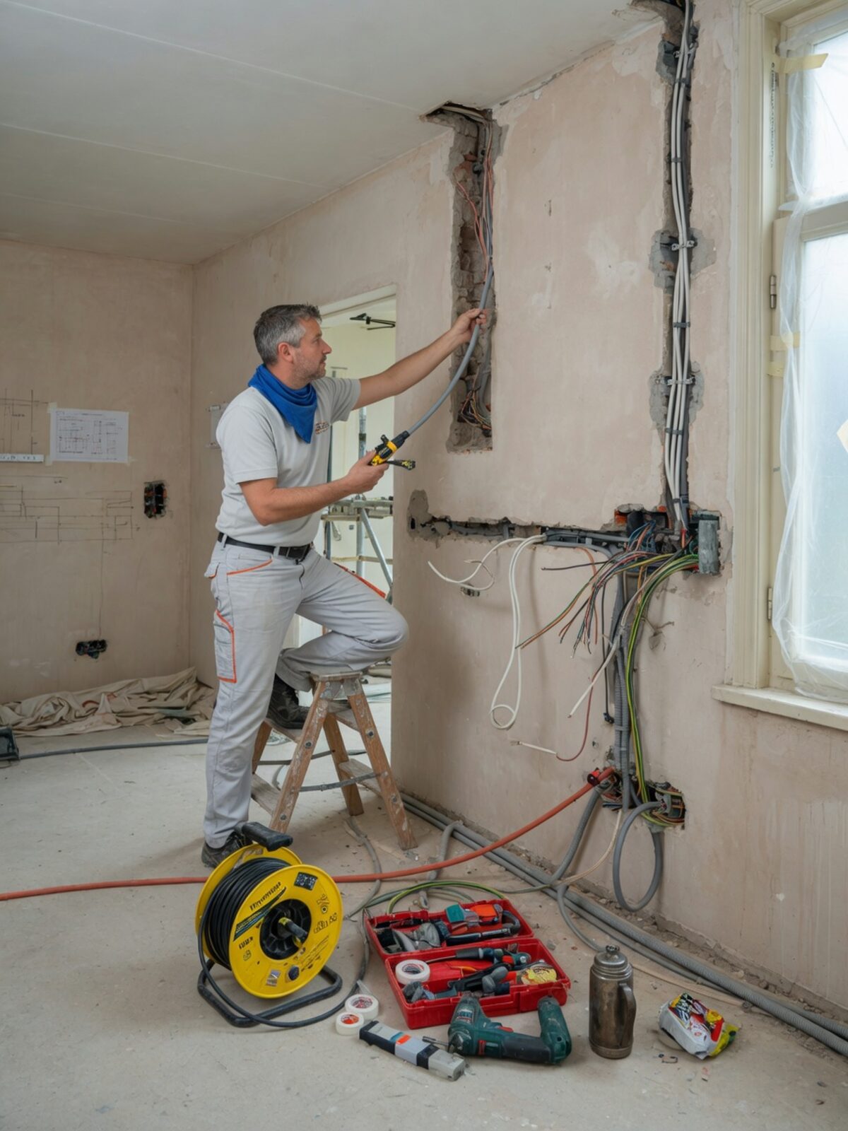 Monteur legt leidingwerk en bedrading aan in de wand van een woning in verbouwing