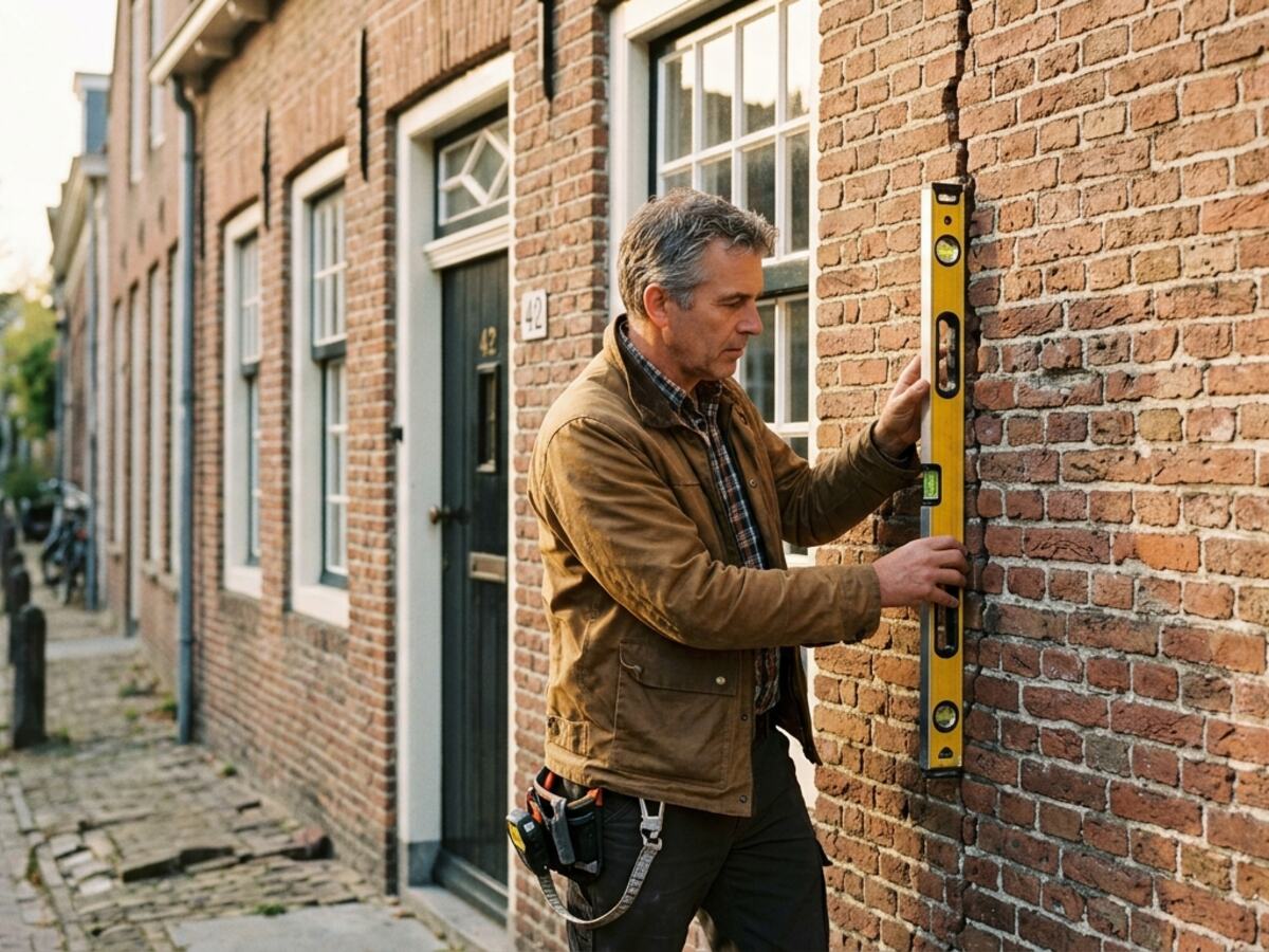 Bouwkundig inspecteur meet de lintvoeg van een oude bakstenen gevel