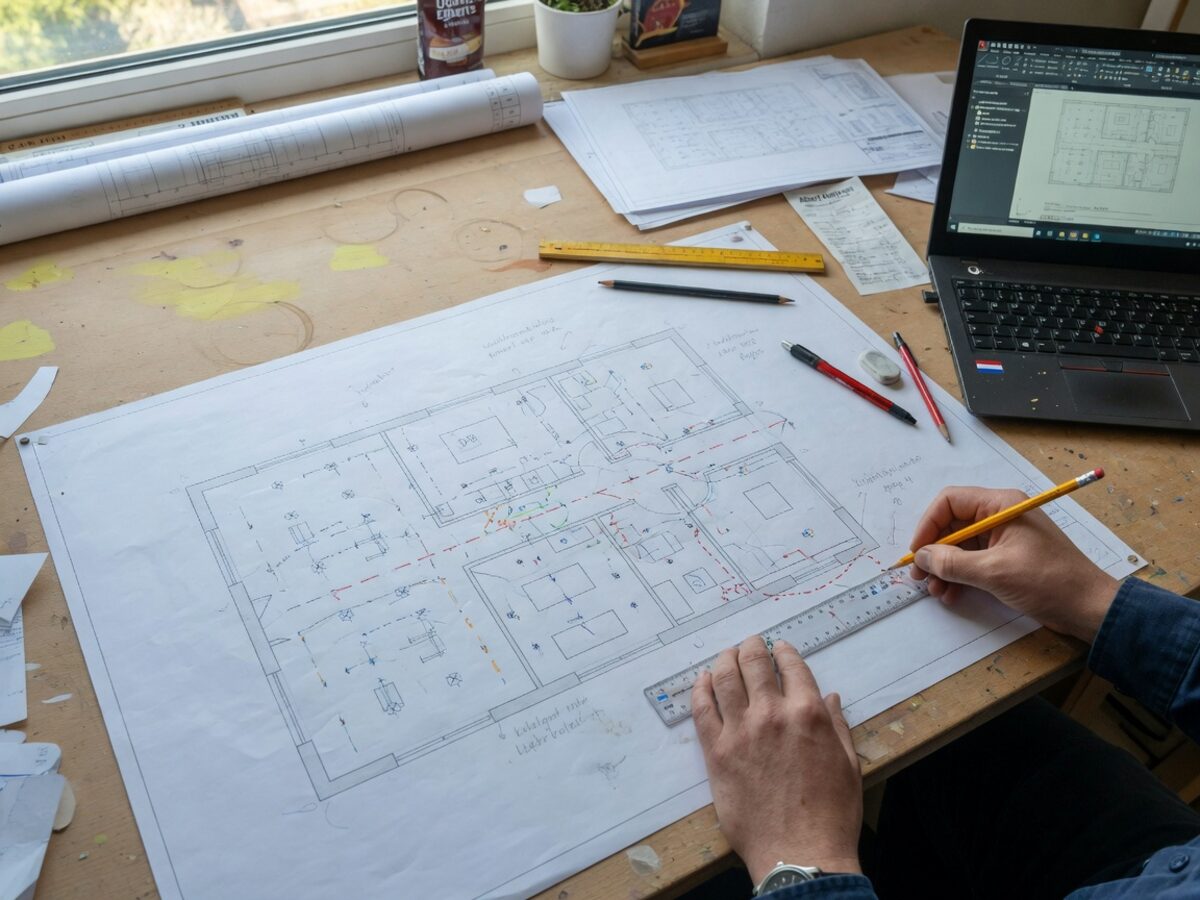 Plattegrond met ingetekende leidingtracés en aansluitpunten naast een laptop met tekensoftware