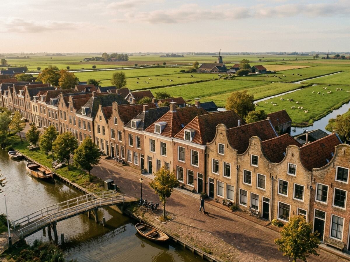 Luchtfoto van een Nederlandse woonwijk in laaggelegen polderlandschap